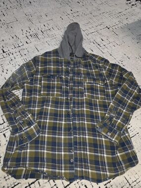 Men's Plaid Hooded Flannel Shirt Jacket - Olive & Navy